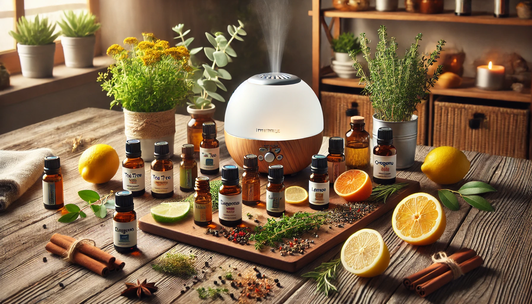 Essential oils for immune support — illustration of tea tree, eucalyptus, oregano, lemon, and frankincense boosting natural immunity