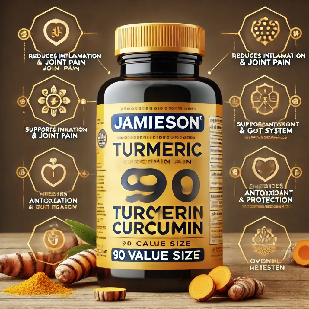 Jamieson Turmeric Curcumin supplement for health, immunity, brain support, and skin health.