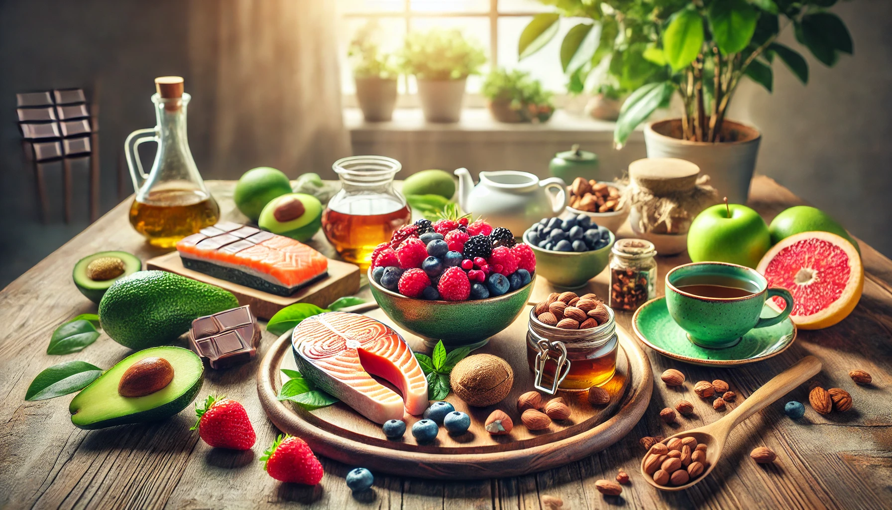 Anti-aging foods like berries, salmon, and leafy greens arranged in a vibrant display