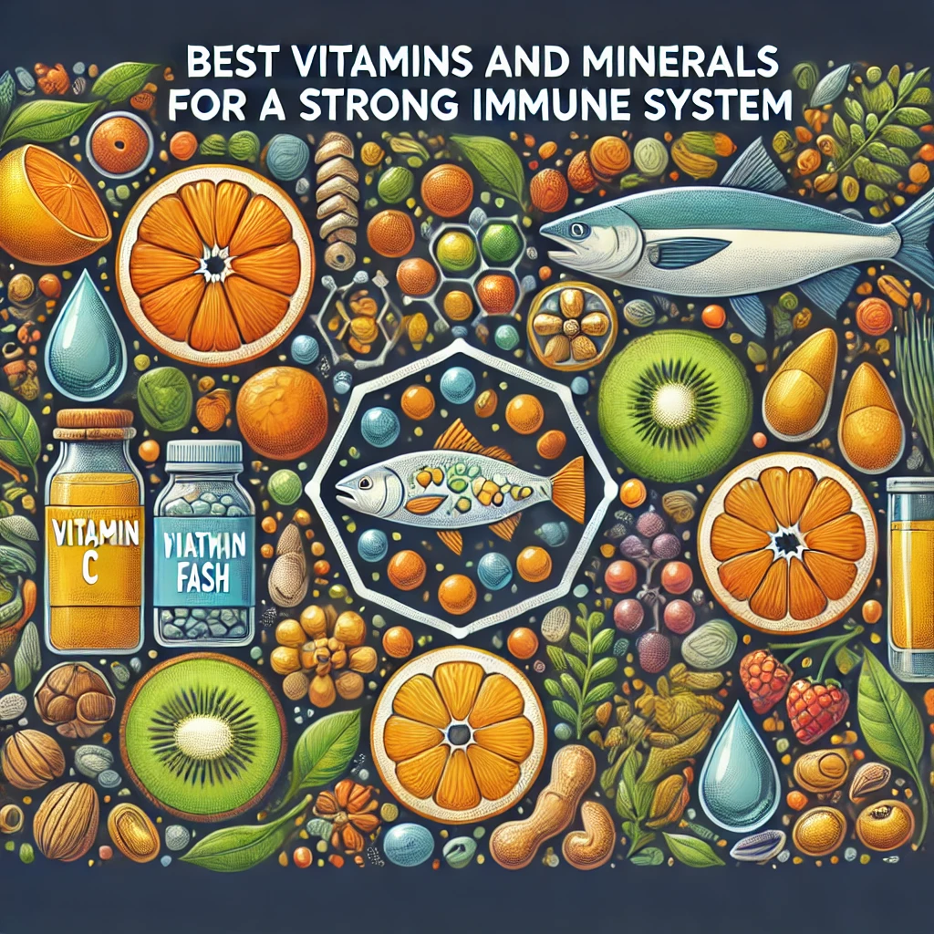 Immune-boosting vitamins and minerals from natural food sources including fruits, vegetables, fish, and nuts