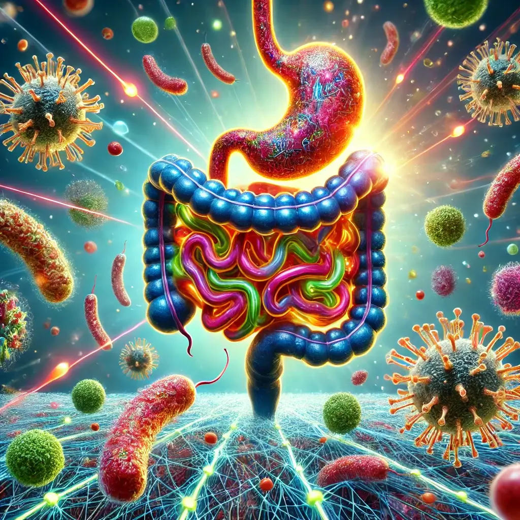 Gut Microbiota and Immune System – digestive illustration showing balance of microbes
