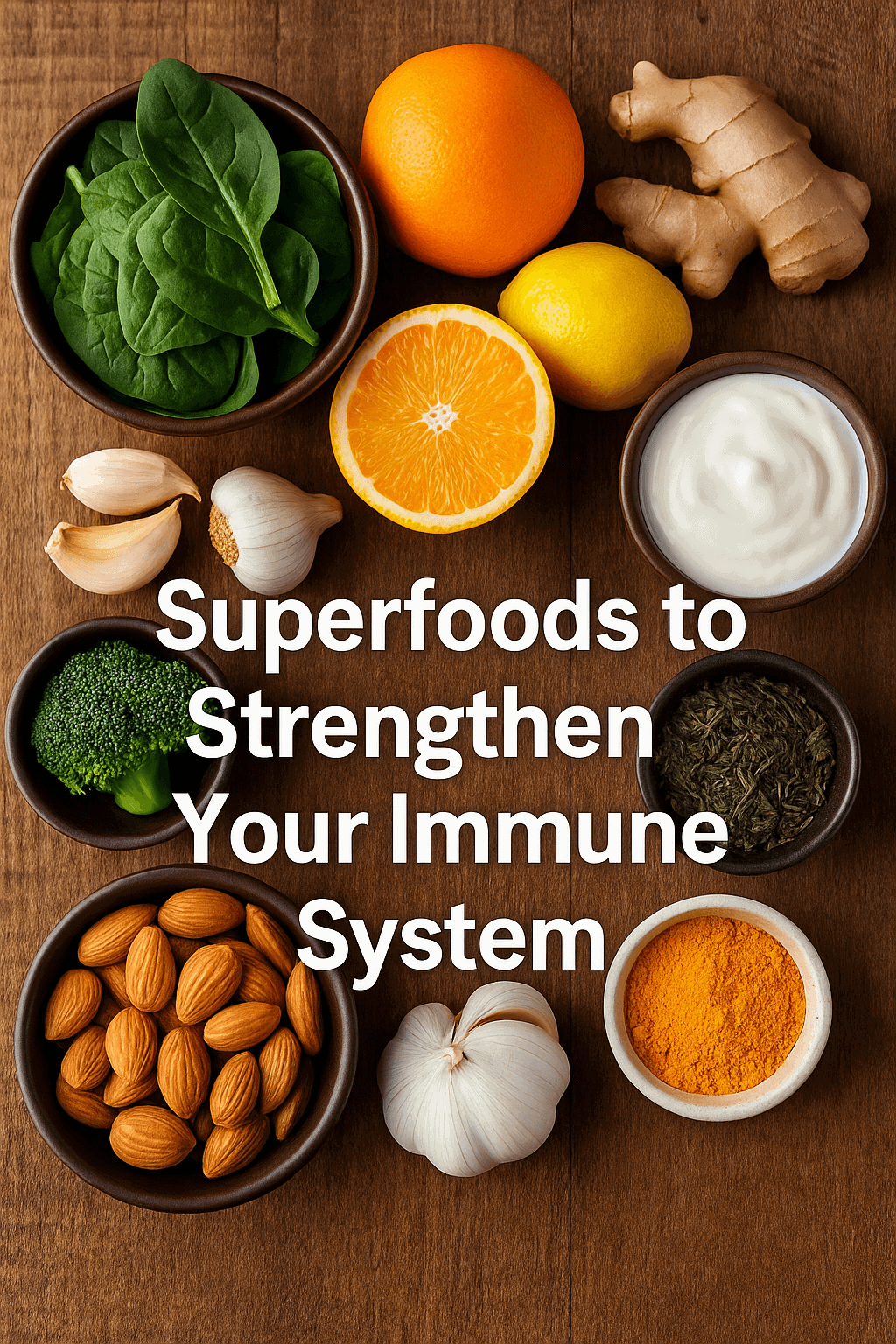 Superfoods to strengthen your immune system including citrus, spinach, garlic, and yogurt on a rustic table