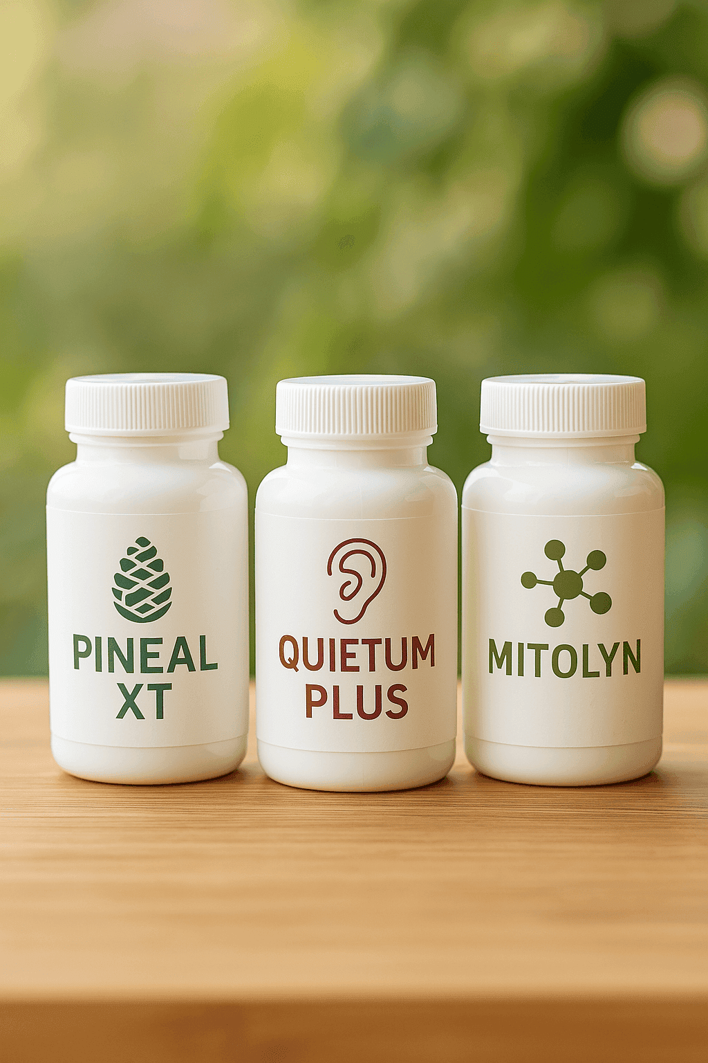 Three natural supplement bottles — Pineal XT, Quietum Plus, and Mitolyn — on a wooden table with a green background.