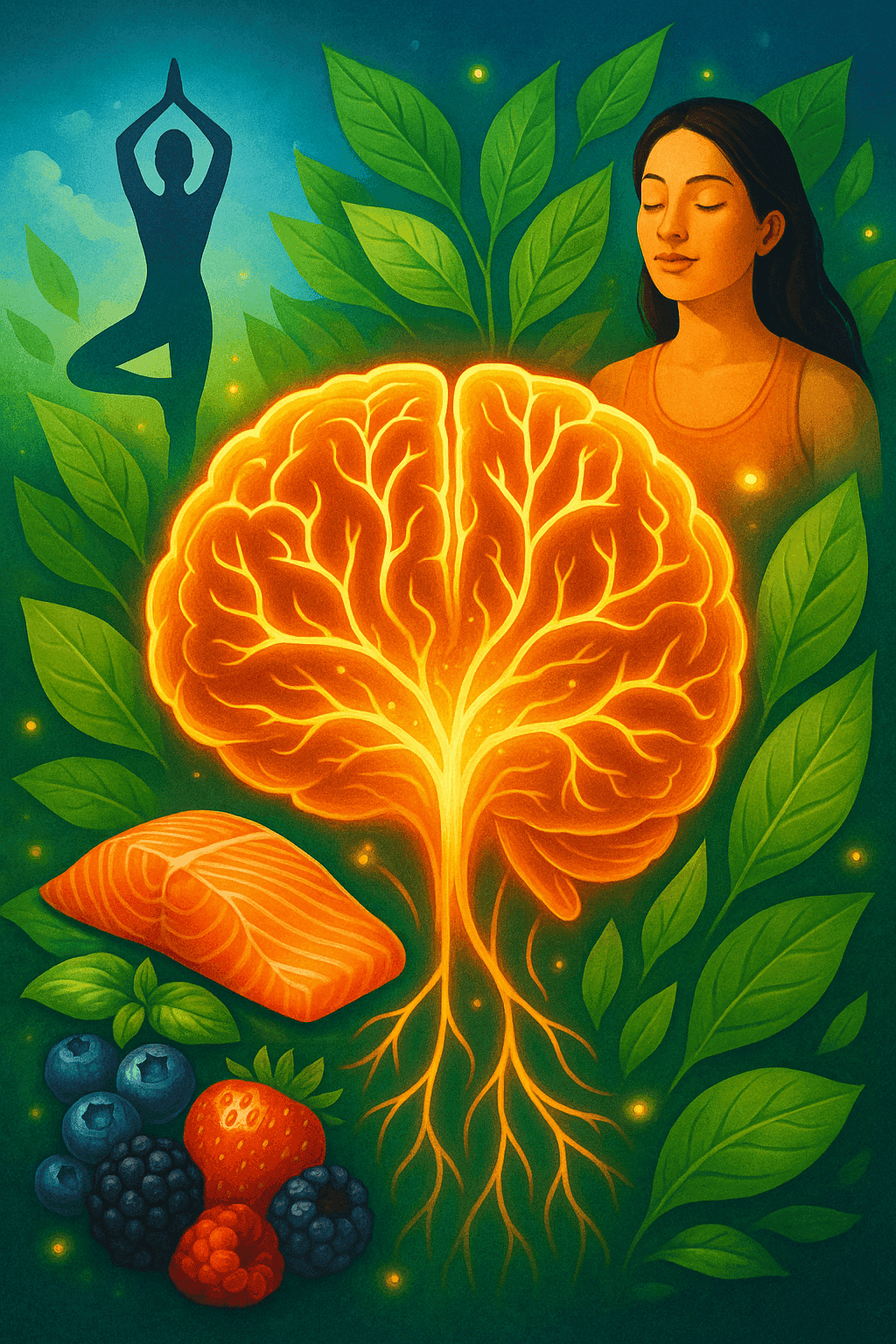 Illustration of a healthy human brain surrounded by icons representing exercise, nutrition, meditation, sleep, and social interaction — symbolizing natural ways to boost neuroplasticity and strengthen brain health.