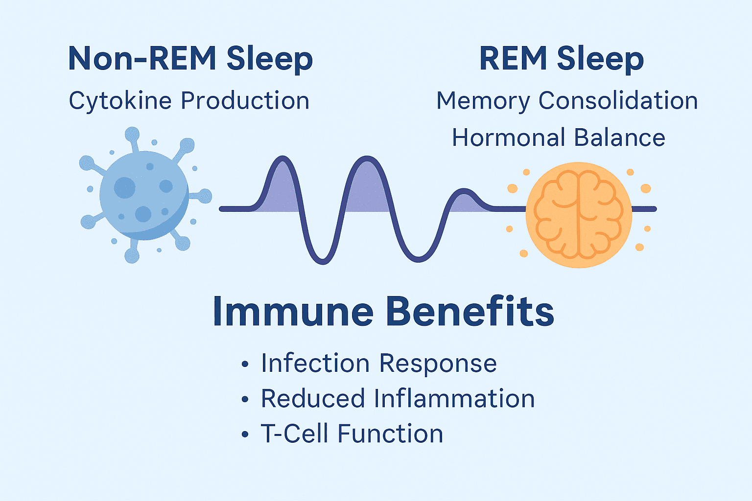 Flat-style infographic explaining how sleep affects immune function, including cytokine production, T-cell activation, and antibody response.