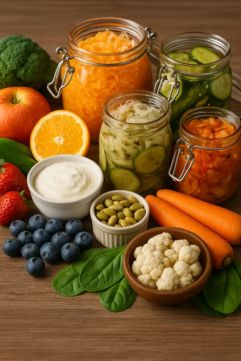 Illustration of a healthy gut microbiome with colorful fruits, vegetables, and probiotic foods promoting gut health and immunity.