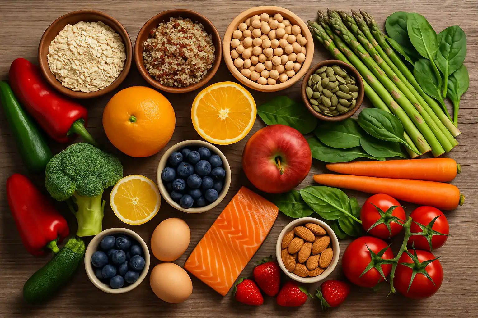 Colorful variety of fresh fruits, vegetables, grains, and proteins on a wooden table illustrating nutritional biodiversity and immunity