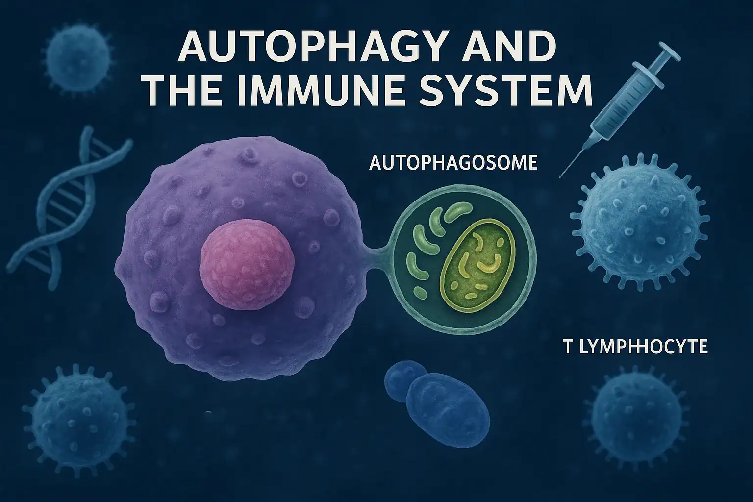 Autophagy and the immune system — infographic showing cellular recycling, T-cells, mitochondria, and immune defense mechanisms.