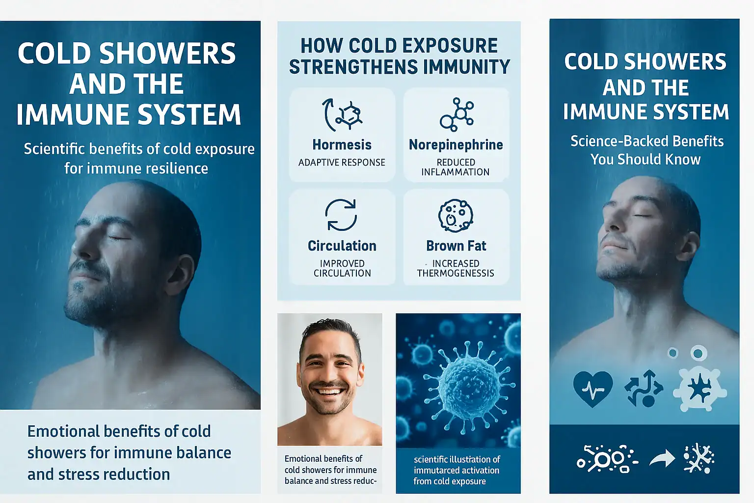 Cold showers and the immune system – illustration showing how cold exposure stimulates immune response and overall body health.
