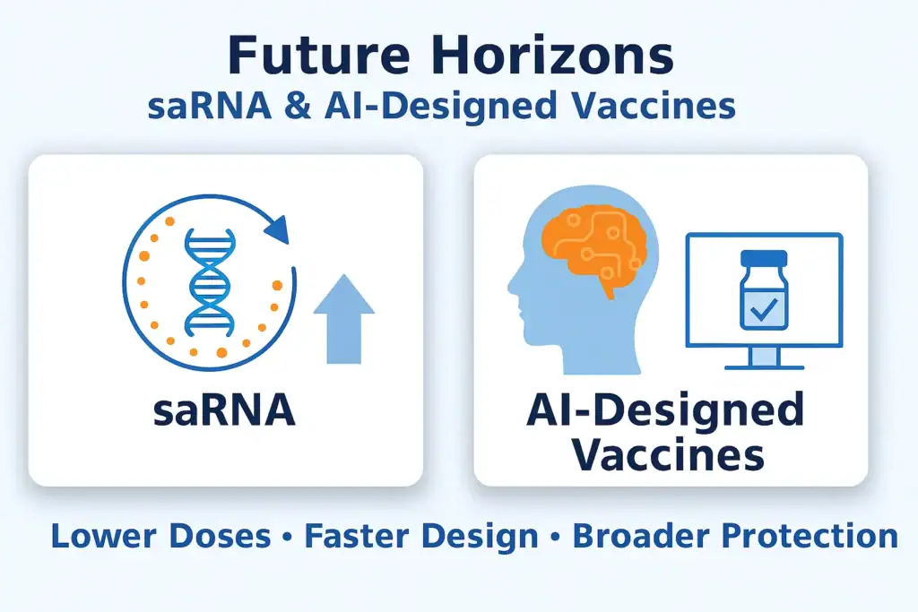 Future horizons of mRNA vaccines beyond COVID-19 — self-amplifying RNA and AI-driven vaccine design.