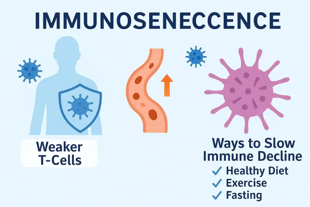 Strategies to slow immunosenescence — infographic showing diet, exercise, sleep, stress reduction, and fasting for immune health.
