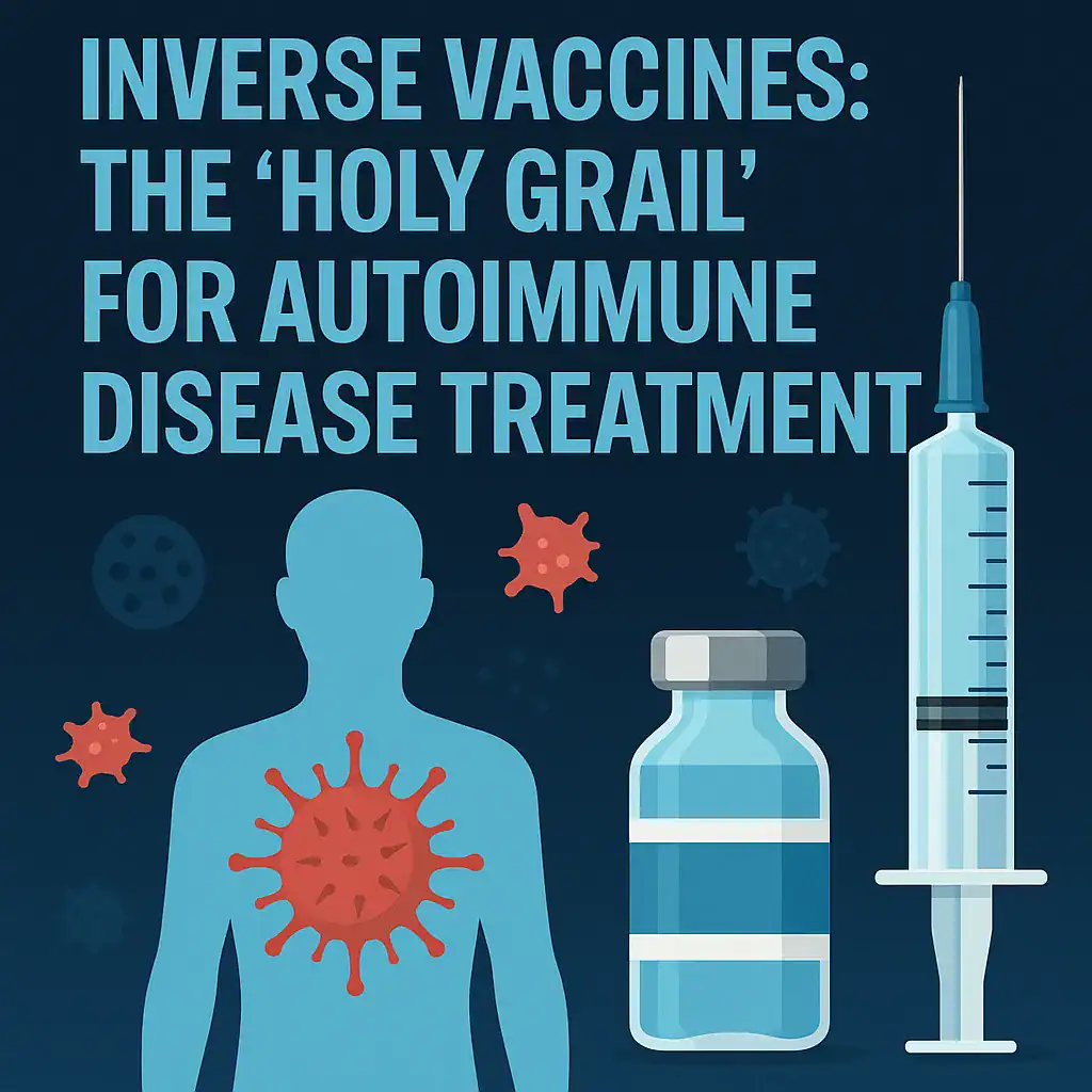 Inverse vaccines concept illustration showing medical syringe, vaccine vial, and immune system visualization — highlighting new treatments for autoimmune diseases.