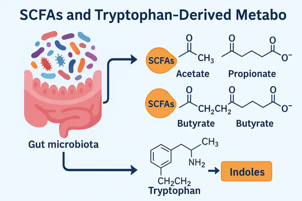 Infographic showing microbiome-derived metabolites and immune modulation, including SCFAs, indoles, and tryptophan pathways influencing T-cells and cytokines.