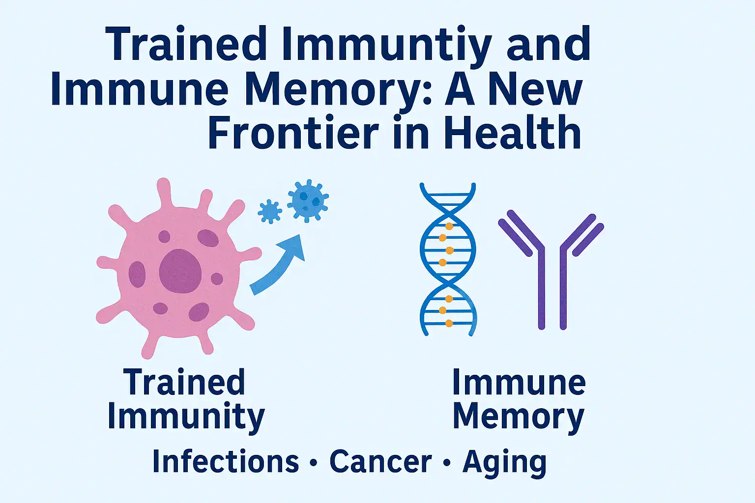 Trained immunity and immune memory illustrated with innate immune cells and glowing DNA pathways showing epigenetic and metabolic reprogramming.